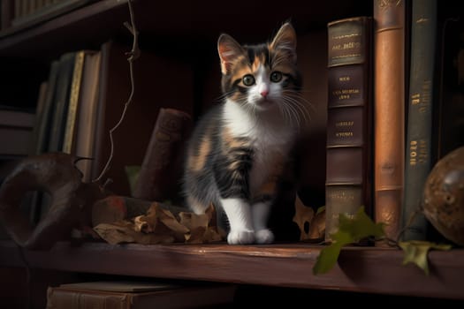 The fearless kitten is scaling the bookshelf with ease, meowing triumphantly from the top as she surveys her kingdom.