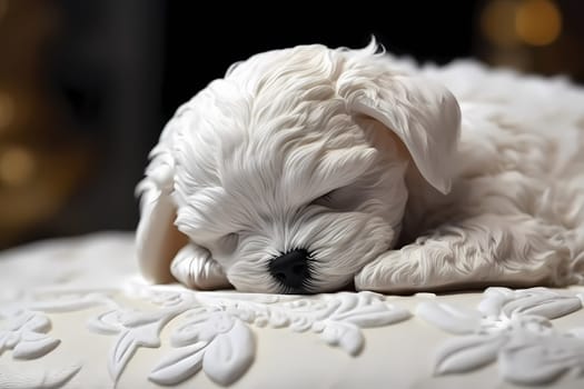 The Maltese puppy is cuddled up on a soft bed, fast asleep and dreaming happily.