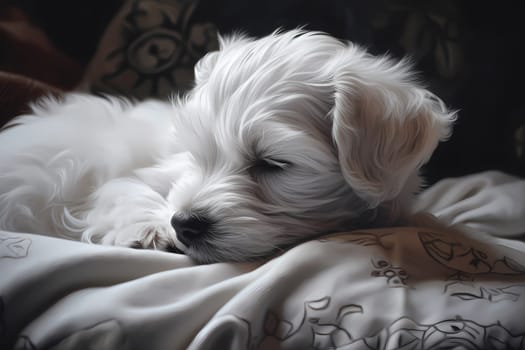 The white puppy is curled up on a soft, fluffy pillow, enjoying a peaceful nap.