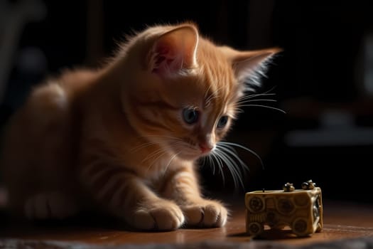 The curious orange kitten swats at the toy mouse, pouncing and chasing it around the room.