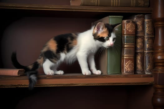 The fearless kitten is scaling the bookshelf with ease, meowing triumphantly from the top as she surveys her kingdom.