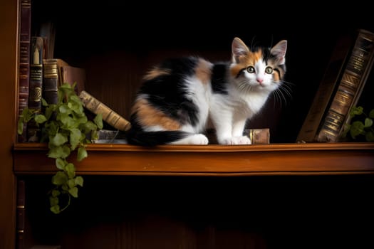The fearless kitten is scaling the bookshelf with ease, meowing triumphantly from the top as she surveys her kingdom.