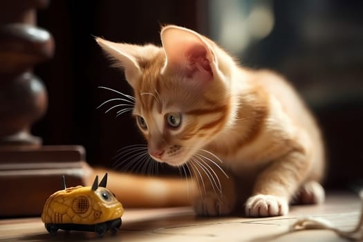 The curious orange kitten swats at the toy mouse, pouncing and chasing it around the room.