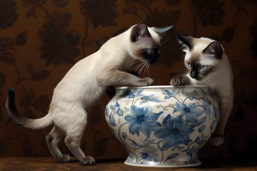 The kittens are darting in and around the pot, taking turns leading the chase.