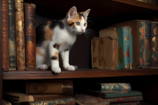 The fearless kitten is scaling the bookshelf with ease, meowing triumphantly from the top as she surveys her kingdom.