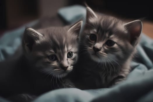 The adorable grey kittens are snuggling together on a warm and cozy blanket, enjoying each other's company.