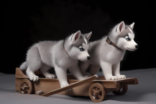 These husky puppies are pulling a miniature sled as if they were in the Iditarod race