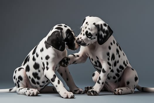 The two Dalmatian puppies are playfully biting and tumbling over each other.