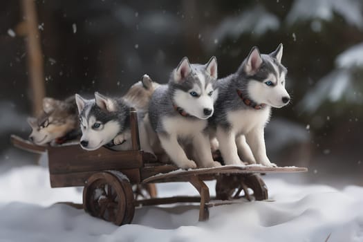 These husky puppies are pulling a miniature sled as if they were in the Iditarod race