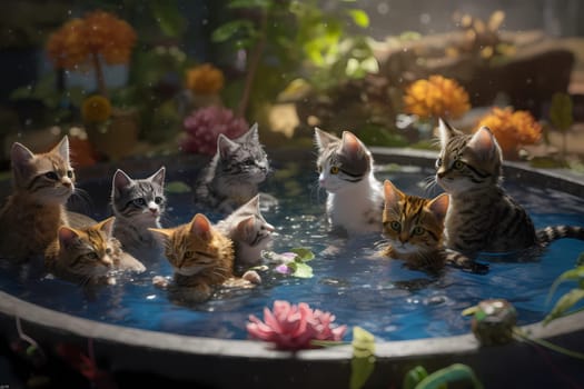 The pool is filled with adorable kittens swimming, lounging on floaties, and splashing around to cool off in the summer heat!