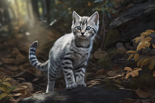 The adventurous silver tabby kitten is exploring the outdoors, climbing trees and chasing butterflies.