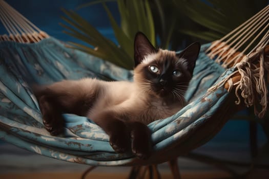 The Siamese kitten relaxes comfortably in the hammock, eyes half-closed and purring contentedly.