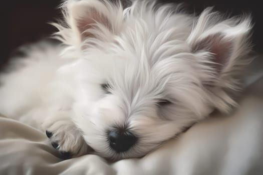 The white puppy is curled up on a soft, fluffy pillow, enjoying a peaceful nap.