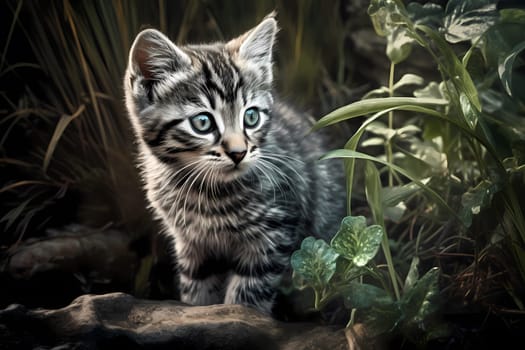 The adventurous silver tabby kitten is exploring the outdoors, climbing trees and chasing butterflies.