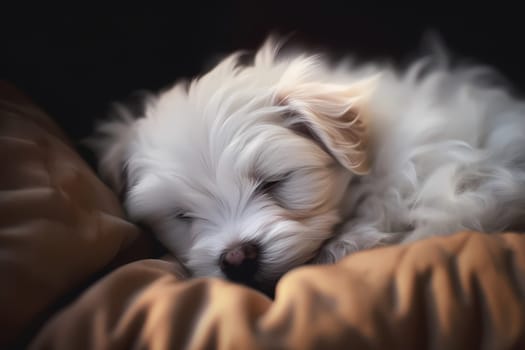 The white puppy is curled up on a soft, fluffy pillow, enjoying a peaceful nap.