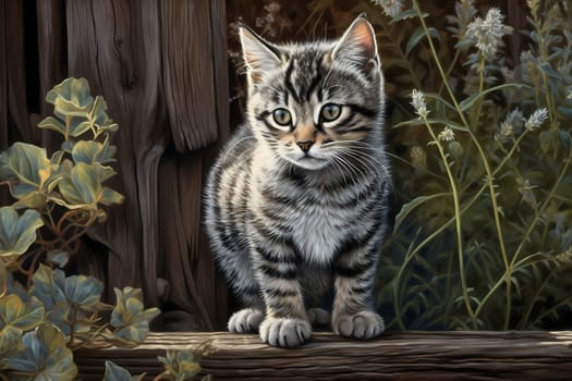 The adventurous silver tabby kitten is exploring the outdoors, climbing trees and chasing butterflies.