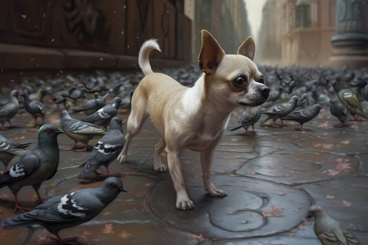 The chihuahua is determined to catch the pigeons and is running around with all its energy.