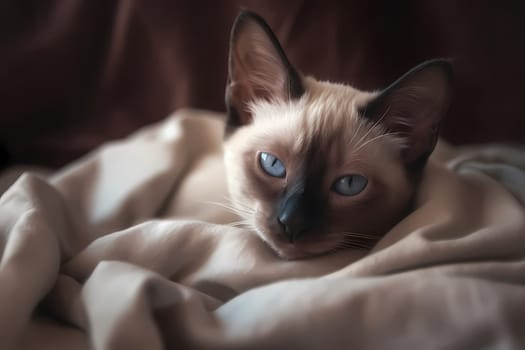 This sweet kitty is curled up on a cozy blanket, dozing off with a satisfied purr.