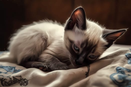 This sweet kitty is curled up on a cozy blanket, dozing off with a satisfied purr.