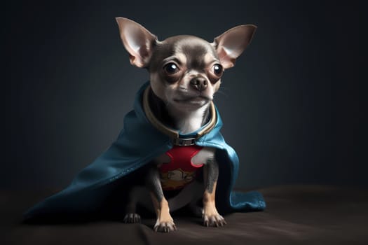 The chihuahua is dressed as a superhero, posing with its paws on its hips.