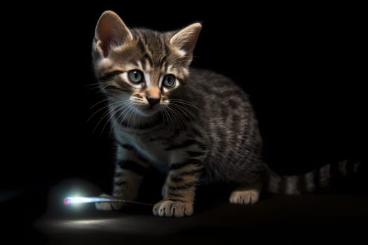 The tabby kitten chases after the elusive laser pointer, tail twitching with excitement.