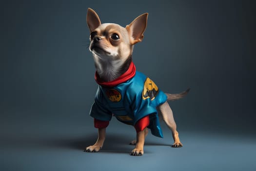 The chihuahua is dressed as a superhero, posing with its paws on its hips.