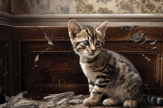The tabby kitten is walking around the room, sniffing at every corner with curiosity and wonder!