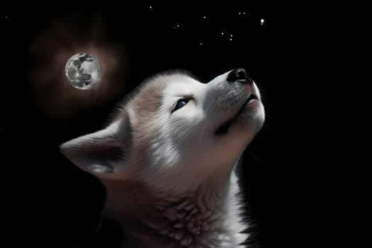 The tiny husky puppy is trying to copy its pack and howl at the moon, but it just sounds like a cute little squeak!