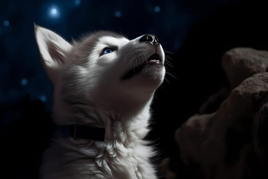 The tiny husky puppy is trying to copy its pack and howl at the moon, but it just sounds like a cute little squeak!