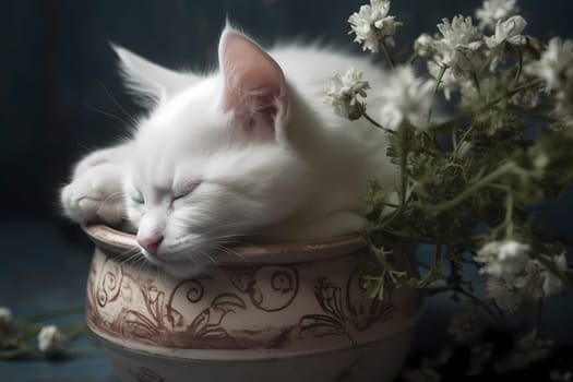 The white kitten is fast asleep, curled up cozily in the flower pot amongst the vibrant petals.