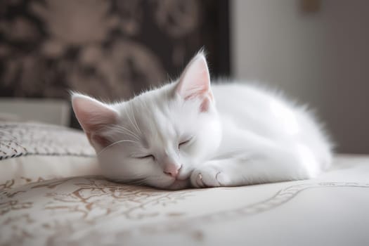 The little white kitten is sound asleep on a fluffy pillow, snuggled up in a peaceful slumber.