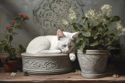 The white kitten is fast asleep, curled up cozily in the flower pot amongst the vibrant petals.