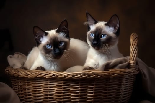 The two Siamese kittens are snuggled up together in a cozy basket, enjoying each other's company.