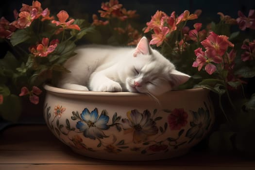 The white kitten is fast asleep, curled up cozily in the flower pot amongst the vibrant petals.