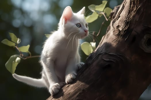 The little kitten is bravely climbing up the tree trunk, meowing furiously and falling off from time to time.