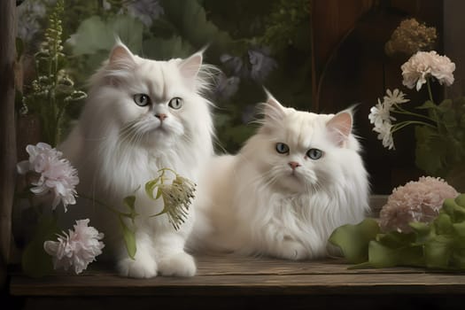 The fluffy white Persians are frolicking in the garden, sniffing flowers and chasing butterflies