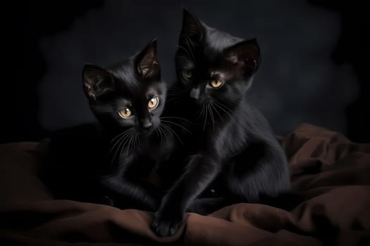 The two black kittens are playing an intense game of tag and wrestling, taking turns chasing each other and tumbling on a soft pink blanket.