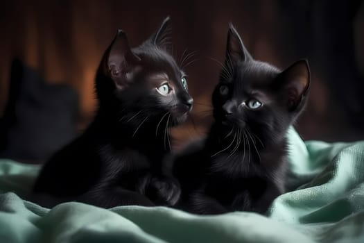 The two black kittens are playing an intense game of tag and wrestling, taking turns chasing each other and tumbling on a soft pink blanket.