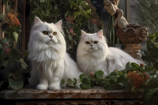 The fluffy white Persians are frolicking in the garden, sniffing flowers and chasing butterflies