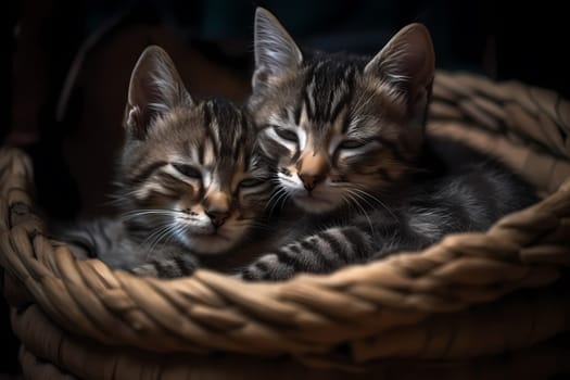 The adorable tabbies are cuddled up for a nap in their cozy basket, their soft purring filling the room.