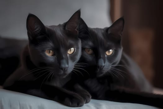 The two black kittens are cuddled up together, fast asleep on a cozy pillow