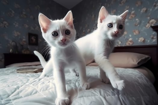 The playful kittens are bounding over the soft mattress, chasing each other in circles and jumping in sync.