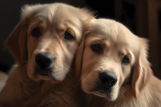 These adorable golden retriever puppies are snuggled up together and enjoying each other's company.