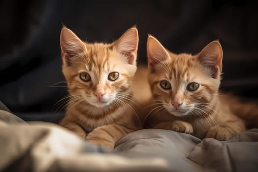 The pair of ginger kittens are cuddled up and snuggled tightly together in a soft and cozy bed, content and warm.