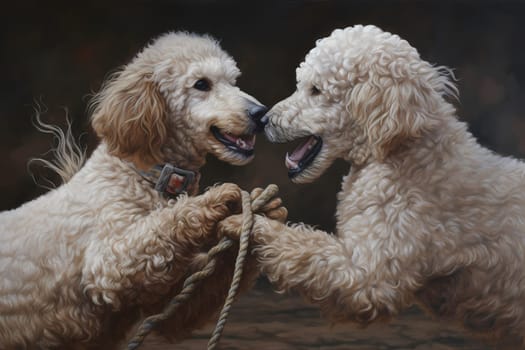 The poodles are pulling with all their might, their tails wagging in excitement.