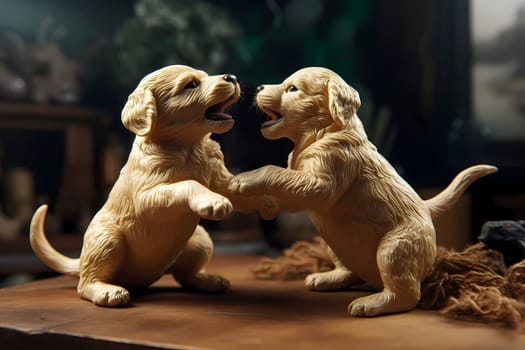 The two fluffy puppies are fiercely battling for a squeaky toy, their tails wagging non-stop.