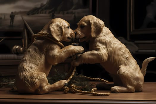 The two fluffy puppies are fiercely battling for a squeaky toy, their tails wagging non-stop.