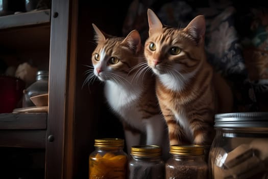 The kittens are causing chaos as they playfully knock over jars and cans in search of treats.