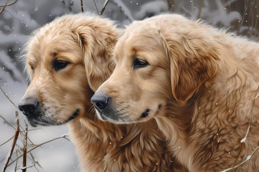 Two fluffy golden retrievers playing with each other in the snow on a cold winter day.