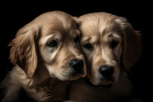 These adorable golden retriever puppies are snuggled up together and enjoying each other's company.